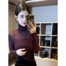 批发御姐紫色高领网纱打底衫女秋季新款内搭长袖t恤内搭套头紧身<b class='q'>上衣</b>