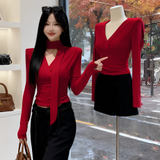 批发性感V领飘带时尚洋气长袖T恤女装冬季2025新款修身显瘦打底衫<b class='q'>上衣</b>