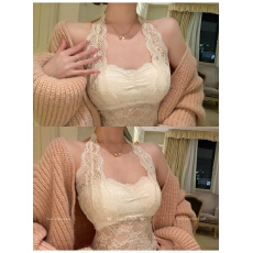 批发挂脖蕾丝吊带背心女冬皮草内搭打底自带胸垫美背<b class='q'>文胸</b>一体露背上衣