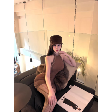 批发复古辣妹棕色无袖<b class='q'>背心</b>连衣裙女春夏轻熟御姐风修身收腰包臀短裙子