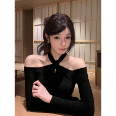 批发黑色气质<b class='q'>甜美</b>性感露肩挂脖上衣女新款舒适修身百搭名媛辣妹风长袖