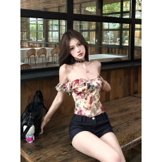 批发辣妹荷叶边雪纺衫上<b class='q'>衣</b><b class='q'>女</b>夏一字领性感波浪边领口修身显瘦短款衬衫