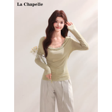 轻熟感法式风荡领长袖T恤女2026新款春季绿色修身显瘦打底衫上衣