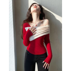 批发法式红色网纱拼接一字肩<b class='q'>打底衫</b>女内搭早春甜辣妹修身<b class='q'>长袖</b>t恤上衣
