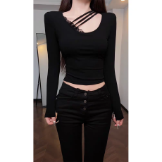 批发纯欲风蕾丝拼接斜带<b class='q'>长袖</b>t恤女2026春季新款韩版修身辣妹<b class='q'>打底衫</b>