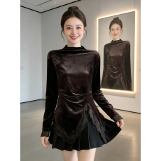批发咖色丝绒长袖t恤女2026秋<b class='q'>冬</b>季新款高级感收腰显瘦内搭打底衫上衣