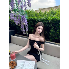 批发纯欲风性感木耳边无袖连衣<b class='q'>裙</b>蝴蝶结绑带设计辣妹<b class='q'>修身</b>显瘦小黑<b class='q'>裙</b>潮