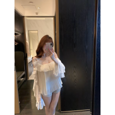 批发法式一字肩荷叶边超仙雪纺衬衫女纯欲露肩<b class='q'>上衣</b>巨好看绝美白色衬衣