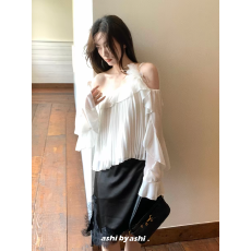 批发法式一字肩荷叶边超仙雪纺衬衫女纯欲露肩<b class='q'>上衣</b>巨好看绝美白色衬衣