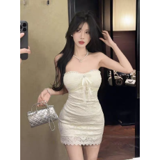 批发法式复古性感蕾丝<b class='q'>钉珠</b>抹胸<b class='q'>连衣裙</b>女白月光纯欲蝴蝶结带胸垫短裙子