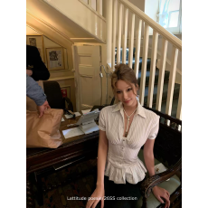 批发白色条纹polo领短袖<b class='q'>衬衫</b>女夏季荷叶边绑带收腰<b class='q'>衬衣</b>设计感修身上衣