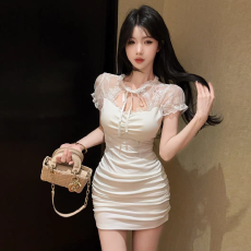 批发辣妹性感网纱拼<b class='q'>蕾丝</b>短袖连衣裙女春夏季高腰气质修身显瘦包臀<b class='q'>短裙</b>