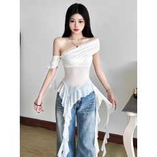 纯欲风露肩短袖T恤女夏季不规则荷叶边飘带微透网纱罩衫辣妹上衣