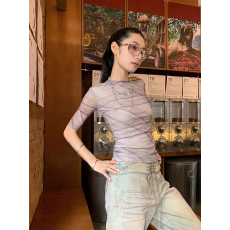 批发巨好看轻熟网纱格纹五分袖t恤女2026春夏新款修身内搭打底衫上衣