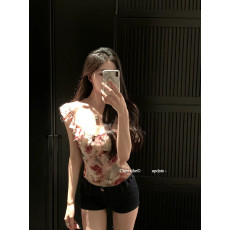 批发法式绝美短款荷叶边印花收腰抹胸背心<b class='q'>女</b>夏独特漂亮一字肩小衫上衣