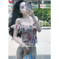 批发纯欲性感一字肩荷叶边印花雪纺<b class='q'>衬衫</b>背心温柔修身短款显瘦露背上衣