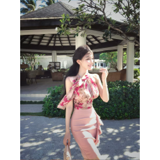 批发复古碎花蝴蝶结无袖背心女装春季时尚<b class='q'>套装</b>高腰包臀裙半身裙两件套