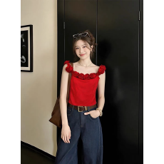 批发一字肩立体花朵红色吊带背心女夏内搭带胸垫修身打底气质抹胸上衣