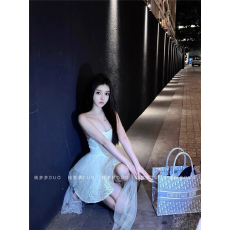 批发富家千金高级感生日派对聚会小礼服蕾丝拼接<b class='q'>网纱</b>纯欲风抹胸连衣<b class='q'>裙</b>