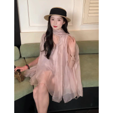 批发法式小香风粉色无袖背心连衣裙女夏日高级感巨好看的宽松网纱裙子