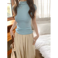 批发半高领短袖<b class='q'>t</b><b class='q'>恤</b>女2026春夏新款洋气别致显胸修身螺纹打底内搭上衣
