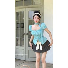 批发甜美条纹短袖衬衫女夏季法式锁骨泡泡袖蝴蝶结别致设计感小众<b class='q'>上衣</b>