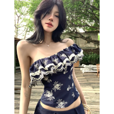 批发复古荷叶边吊带背心气质设计感修身斜肩夏季抹胸时尚吊带辣妹碎花