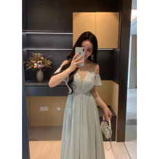 批发网纱拼接烫钻无袖连衣裙女夏季绝美蓝色大摆裙子宽松纯欲a字长裙