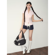 批发格子短袖<b class='q'>衬衫女</b>夏季2026新款早春法式气质衬衣修身掐腰设计感上衣