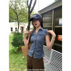 批发美式复古蓝色格子短袖<b class='q'>衬衫女</b>夏2026新款掐腰气质衬衣收腰显瘦上衣