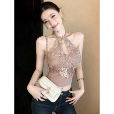 批发纯欲辣妹蕾丝挂脖吊带背心女春夏内搭美背<b class='q'>文胸</b>一体带胸垫修身上衣