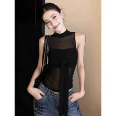 批发黑色挂脖网纱无袖上衣女夏外穿纯欲独特漂亮蝴蝶结短款带胸垫<b class='q'>背心</b>