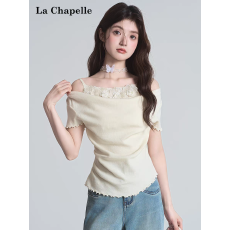 批发立体<b class='q'>花朵</b>假两件露肩短袖针织衫女夏2025新款温柔风气质一字肩上衣
