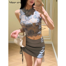 批发纯欲风气质修身<b class='q'>两件</b>套装夏季新款绣花蕾丝衫背心抽褶不规则短裙女