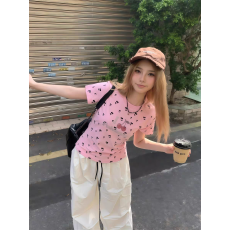 批发美式辣妹樱桃满印烫钻短袖T恤女夏季小个子修身显瘦正肩圆领上衣