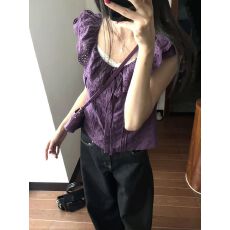 批发法式荷叶边短袖<b class='q'>衬衫</b>女夏季新款紫色<b class='q'>衬衣</b>复古修身设计感小衫上衣潮