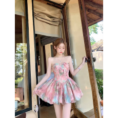 批发法式纯欲风抹胸花苞裙女夏季晕染花卉收腰显瘦度假风连衣裙仙女裙