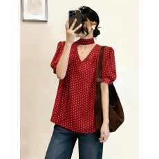 批发酒红色系带V领雪纺<b class='q'>衬衫女</b>装夏季新款高级感气质薄款泡泡短袖上衣