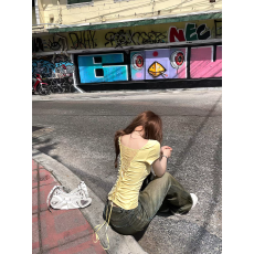 批发露背绑带<b class='q'>蕾丝</b>拼接v领短袖T恤女修身扭结纯欲风短款上衣街头风女装
