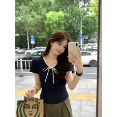 批发假两件<b class='q'>蕾丝</b>拼接系带短袖T恤女夏小众木耳边圆领正肩上衣服打底衫