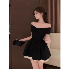批发赫本风高级感名媛气质小黑裙宴会晚<b class='q'>礼服</b>漂亮独特法式一字肩连衣裙