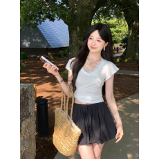 批发纯欲辣妹低V领显胸短袖T恤女<b class='q'>蕾丝</b>拼接收腰显瘦内搭外穿短款上衣夏