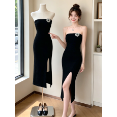 批发纯欲黑色花朵无袖抹胸<b class='q'>连衣裙</b>女夏季修身<b class='q'>开叉</b>长裙露背收腰包臀裙子