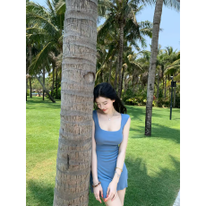 批发纯欲风黄色u领无袖连衣裙女夏季后背镂空收腰裙子辣妹修身a字短裙