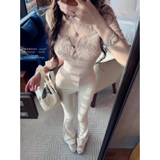 批发<b class='q'>蕾丝</b>拼接纯欲风v领短袖T恤女夏季收腰修身打底衫粉色紧身半袖上衣