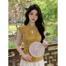 批发复古新款<b class='q'>不规则</b>印花坎肩短袖t恤女夏新中式国风褶皱盘扣旗袍上衣