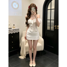 批发一字肩<b class='q'>荷叶边</b>鱼骨短袖波点T恤女夏季纯欲风套装包臀<b class='q'>半身裙</b>两件套