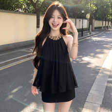 批发法式高级感黑色挂脖雪纺上衣女夏季镶钻亮片宽松<b class='q'>无袖</b>背心气质小衫