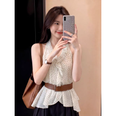 批发法式独特漂亮波点飘带<b class='q'>衬衫</b>女2026夏季新款气质荷叶边无袖绝美上衣