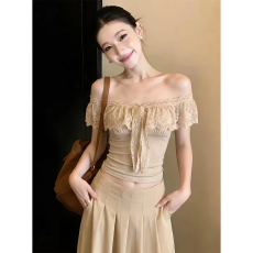 批发性感纯欲荷叶边<b class='q'>蕾丝</b>短袖T恤女夏季小个子修身绝美气质一字肩上衣